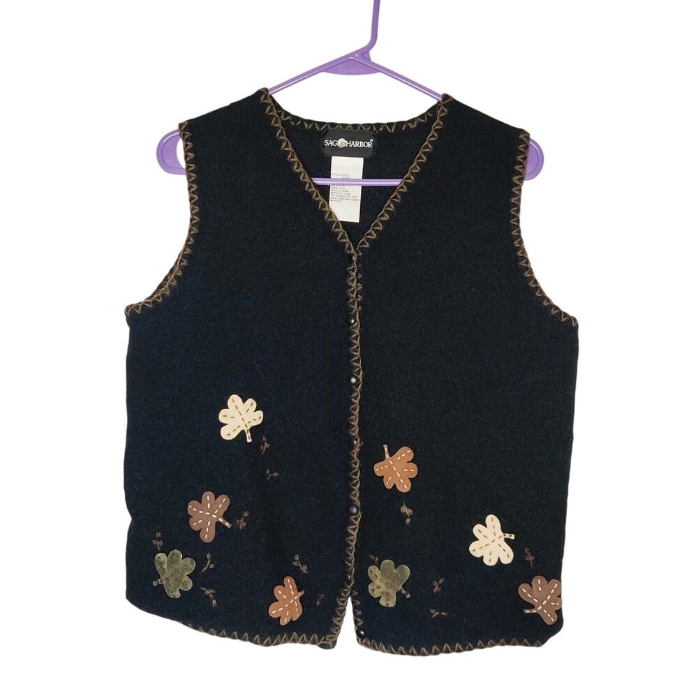 Vtg Sag Harbor 100% Wool Black Cottage Vest Large Leaf Embroidery Scandi Girl